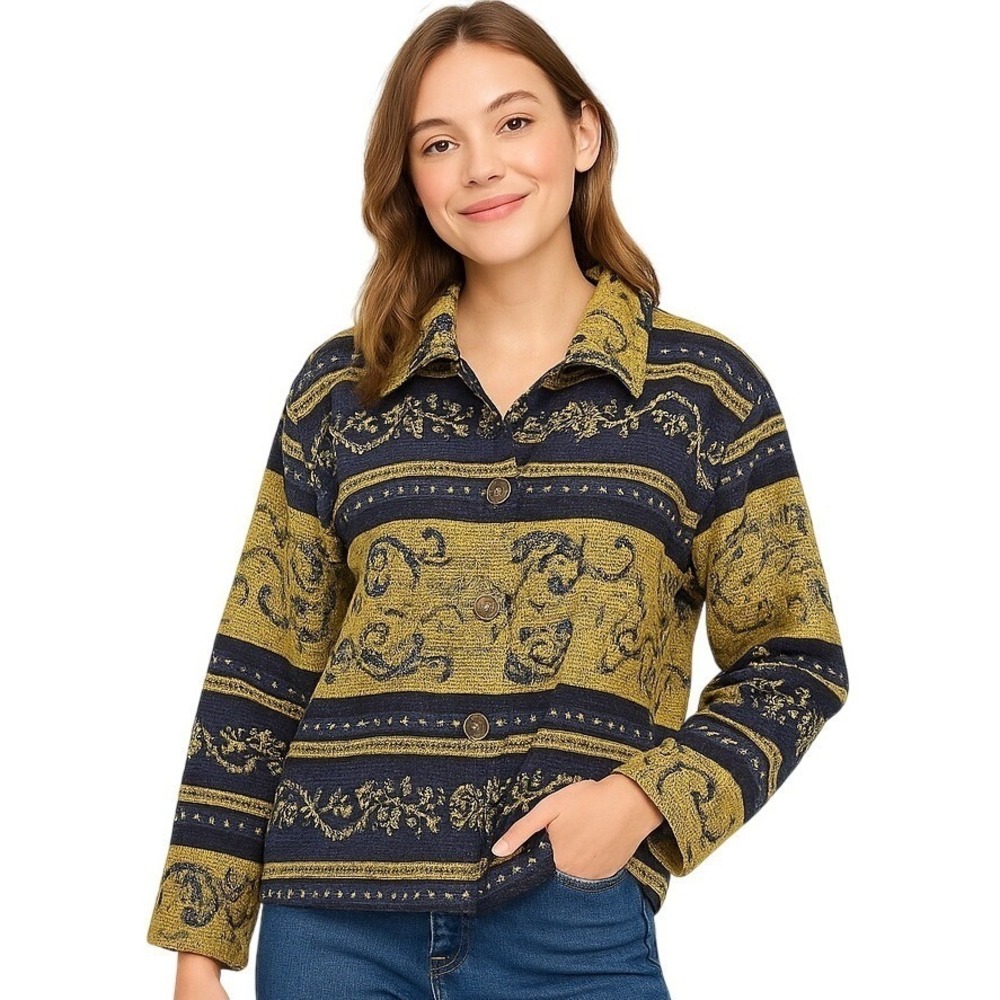 Tantrums New Tapestry Paisley Floral Jacket Small Gold Navy Metallic Button USA